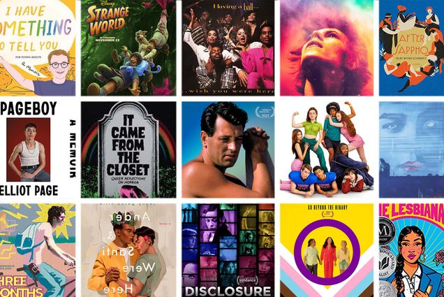 A composite image with multiple covers for LGBTQ movies and books. Included are Pageboy, It Came From The Closet, Three Months, and many others.