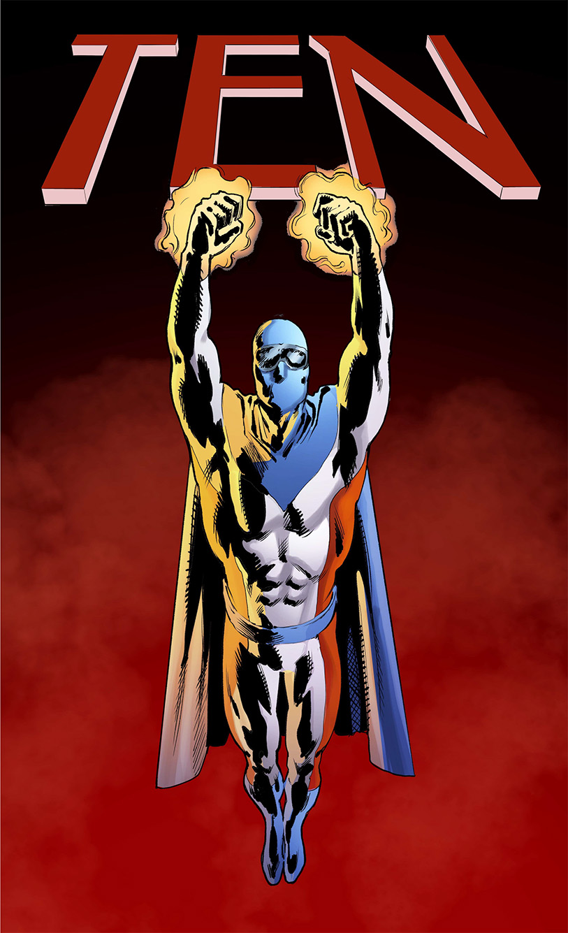 Image: Cover art for Christopher Rhodes’ come book, TEN. A silver-themed masked superhero wearing a cape is shown flying with black and red background. He flies toward the red title "TEN".