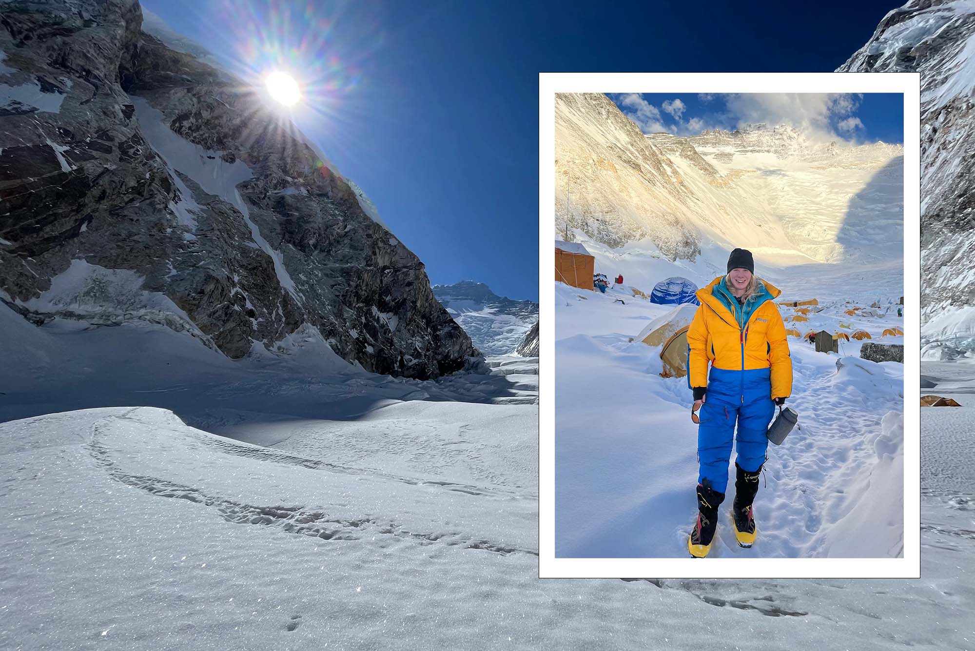 Photo: A composite image of a horizontal shot of a peak on Mt. Everest. Snow covers the ground and the elevated areas while the sun is shining bright in the background. The layered image is of a white woman with a tangerine-colored snow jacket and blue snow pants. She stands with her arms relaxed, smiling for the camera. There is a white border frame around the image.