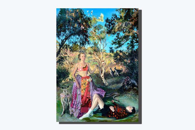 Image: Photo of an oil on canvas painting with paper collage also used as a medium. Image shows a white woman wearing a long skirt and bandeau cobbled together with fabrics of various patterns. She holds a leash attached to a small kangaroo with a lei around its neck as a young child with black hair and wearing a red plaid shirt, black shirt, and white socks lies at her feet. They all stand in a bushy, green area as various other marsupials look to them from the distance.