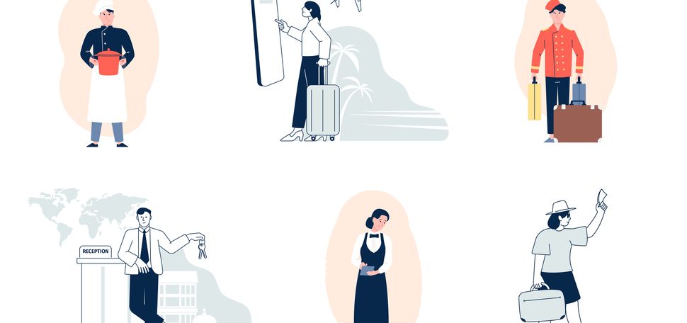 Graphic: A collection of vector images depicting people traveling with suitcases in various outfits