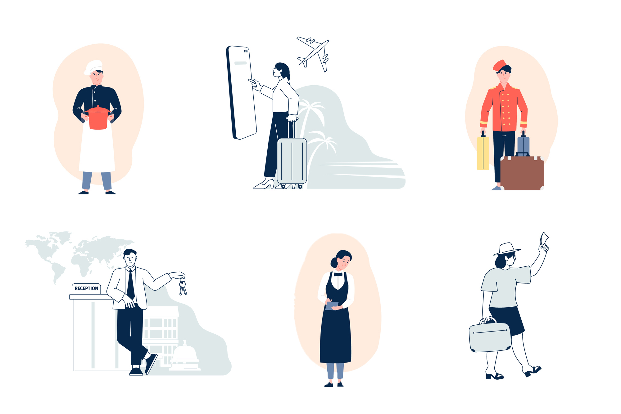 Graphic: A collection of vector images depicting people traveling with suitcases in various outfits