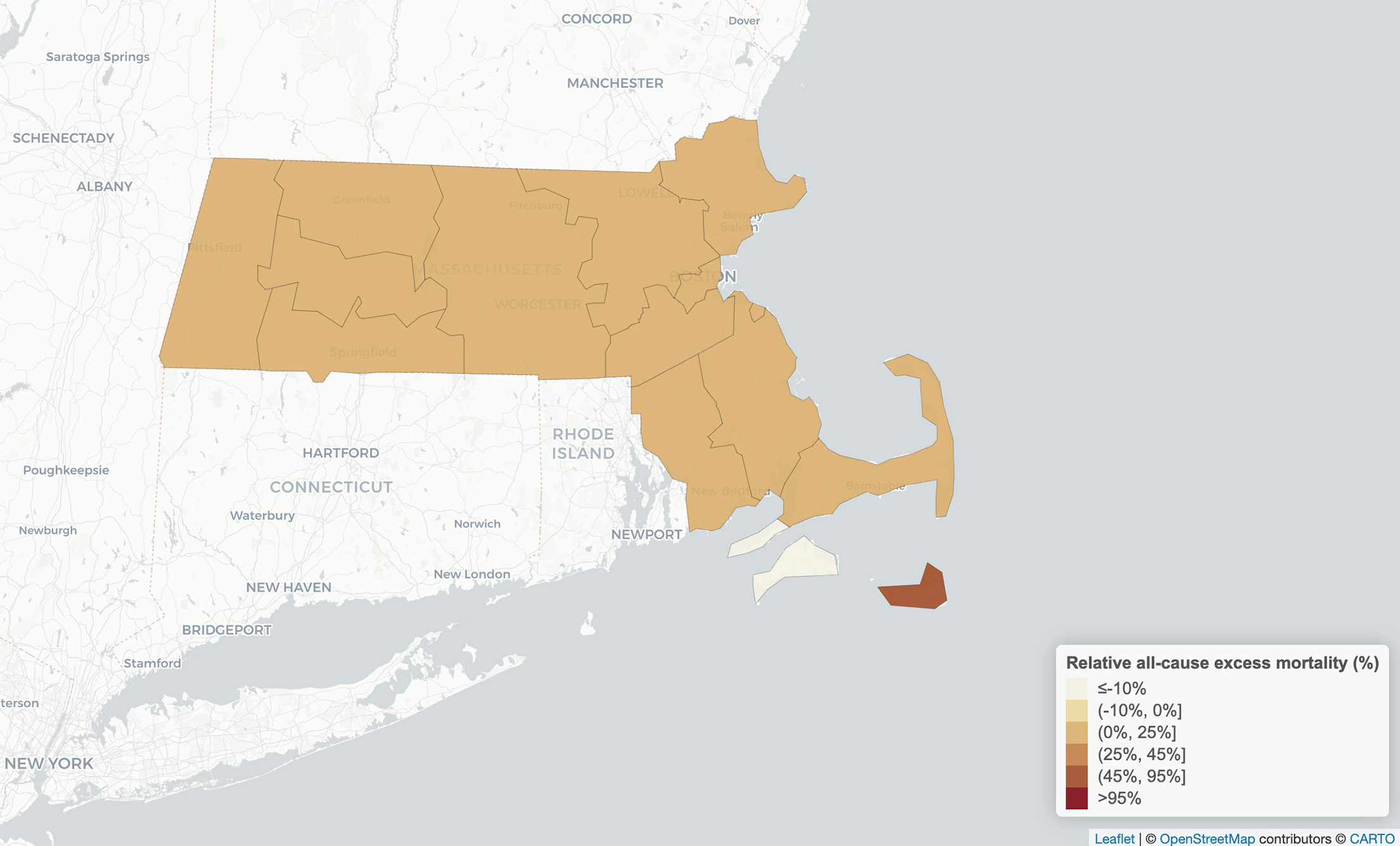 Image: Map of Massachusetts that shows the county view in September 2021—the darker the color, the higher the mortality rate. Colors range from light yellow to dark red.