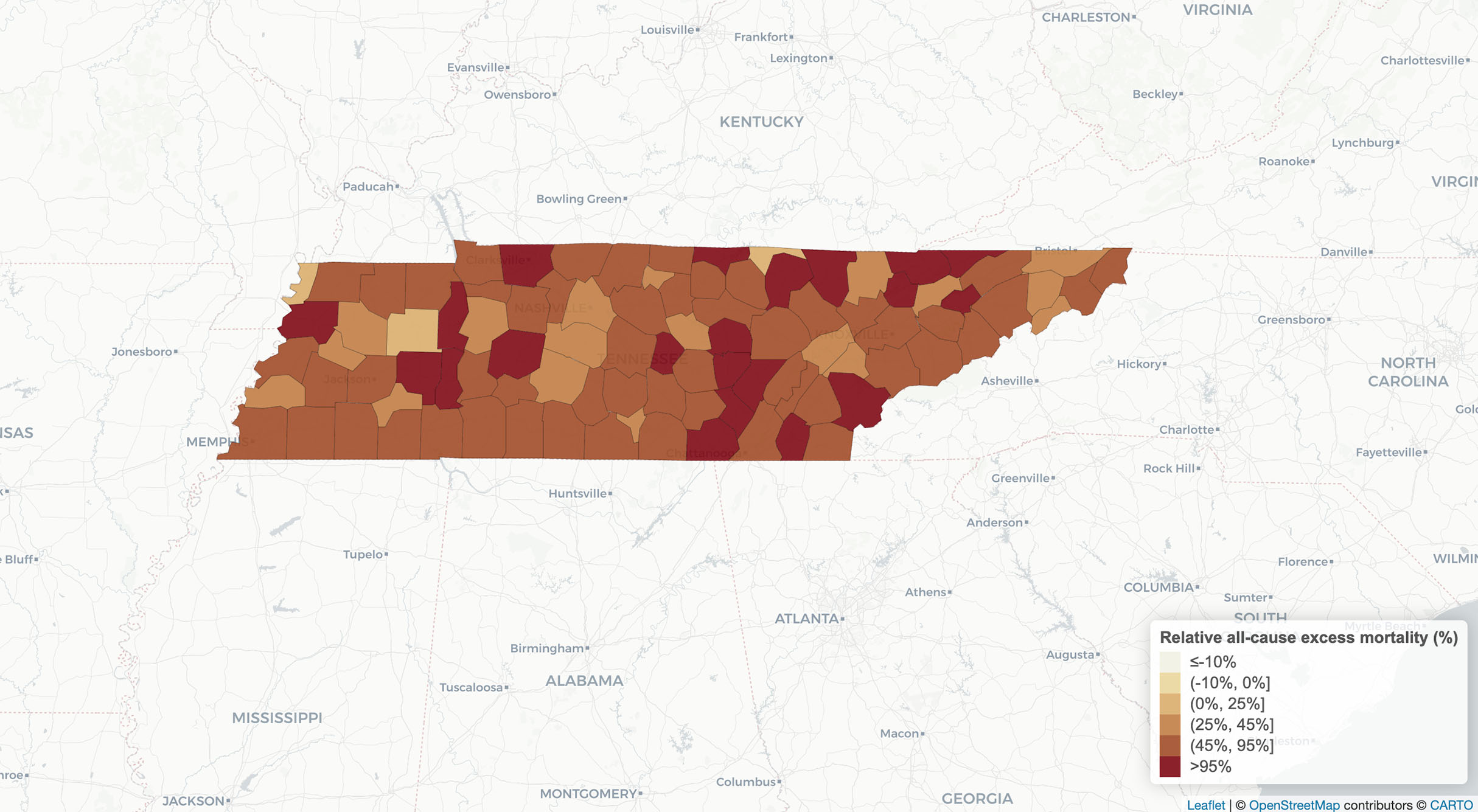 Image: Map of Tennessee that shows the county view in September 2021—the darker the color, the higher the mortality rate. Colors range from light yellow to dark red.