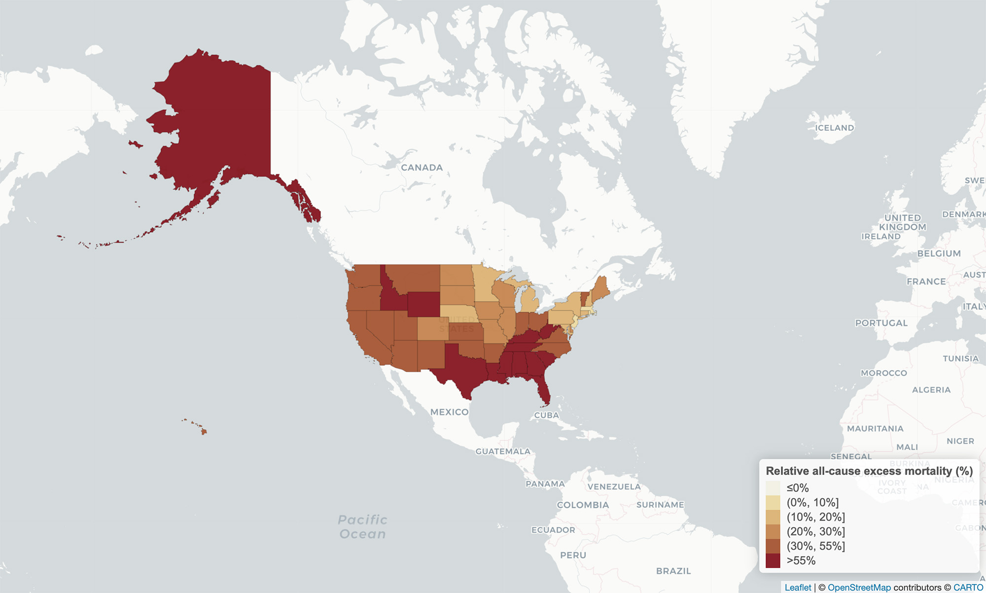 Image: Map of the unites states that shows the national view in September 2021—the darker the color, the higher the mortality rate. Colors range from light yellow to dark red.