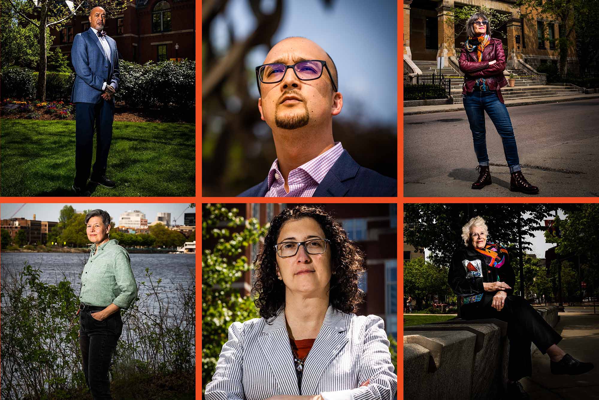 Photo: A composite image of six different individuals with an orange boarder. From left (top), a black man with a blue blazer and dark slacks stands in the middle of a grass field, a bald man with black glasses wears a collared shirt and looks off into the distance, a woman with jeans and a maroon leather jacket had her arms crossed as she stares off to the right of her. From left (bottom), a white woman with short grey hair stand in front of a river as she looks into the camera, her hands in her pocket; a woman with short, brown hair and black-rimmed glasses looks into the camera, a white woman with short white hair sits on a bench, her leg crossed over the other with a colorful scarf wrapped around her neck.