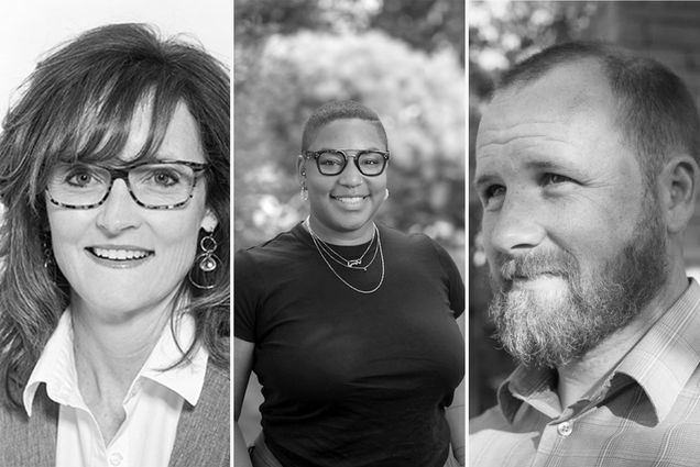 Photo: A composite image of two individual portraits. One is a white woman with short, choppy brown hair and glasses. She wears a button up shirt and a blazer. The one in the middle is a Black woman with glasses and a black shirt. She stands and smiles at the camera. And the one on the right is a white photo of a portrait of a white man. He has a beard and short, light hair and wears a button-up shirt. He smiles, looking off to the left and into the distance.