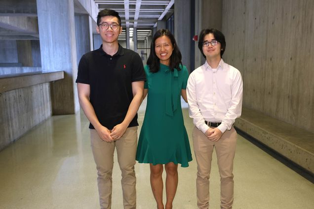 Photo: Boston Mayor Michelle Wu (center) with two of this year’s BU City Scholars Summer Fellows: Kevin Chin (ENG’25) (left) and Jiefu Huang (Questrom’24). All are wearing semi formal attire. Photo by John Wilcox, courtesy of the city of Boston