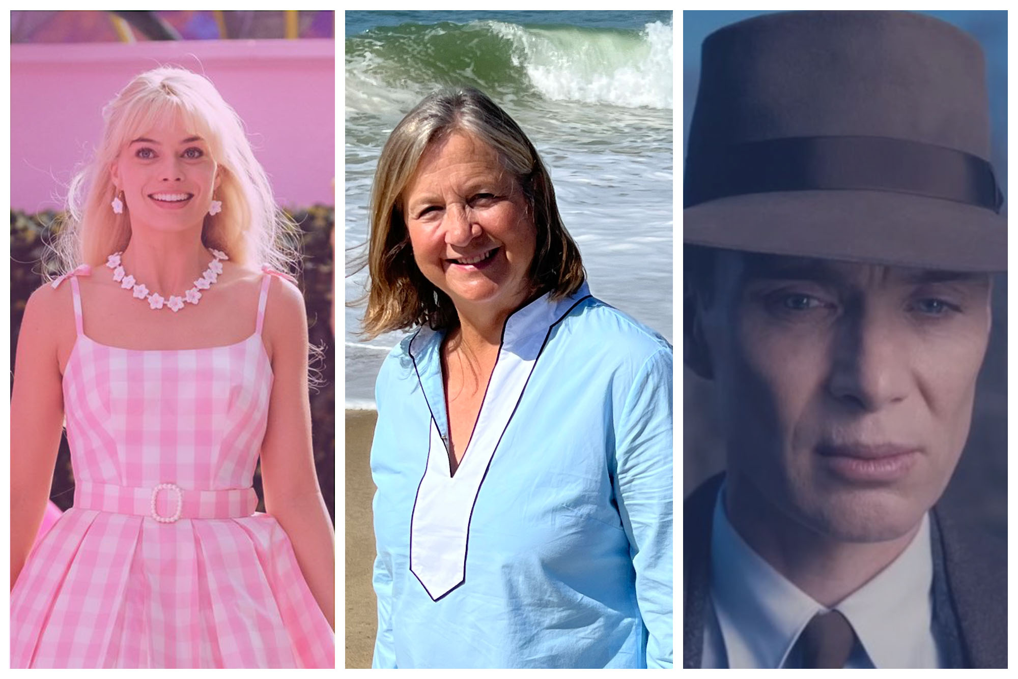 Collage: (From left to right) Margot Robbie playing Barbie, Barbie Oppenheimer, and Cillian Murphy as Oppenheimer.