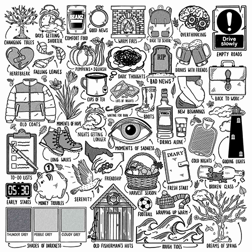 Album cover of Ed Sheeran's "Autumn Variations". Cover shows a icons and illustrations of various autumn activities and imagery. Text around each image describes what it's related to.