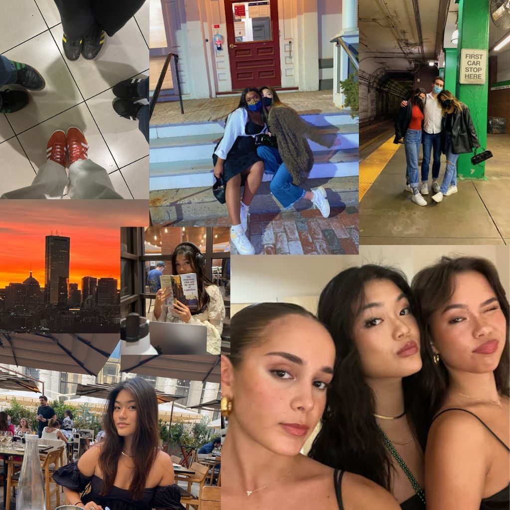 This is a photo collage of different pictures from student Robin Kim (COM, CAS'24). There are seven different photos. The photo in the top right corner is of four peoples shoes. Three of the shoes are black sneakers and one of the pairs are red sneakers. The photo next to that is of two people sitting on the steps of a building with masks on and jackets on as well. The person on the left has a white jacket on with a black dress and white sneakers. The person on the right has blue jeans on with white sneakers and a black jacket. Both of the individuals have brown hair. The photo next to that is of three people posing for a photo in a T station, at the tunnel. There are two girls on each side with a man in the middle. They are all wearing masks and the girl in the right is wearing a black leather jacket and blue jeans. The girl on the right is wearing a red top, black jacket, and blue jeans. The man in the middle is wearing a white button down and blue jeans. The photo directly below that is a selfie of three brunette girls, making straight faces. Each of them is wearing a black shirt. To the left of that photo is a picture of a brunette, fair-skinned girl with a black off the shoulder top on. She is in an outdoor restaurant with a soft smile on her face. Above that is a photo of the Boston city sky line with an orange sunset. Next to that is a brunette girl with headphones on, reading a book. She has a computer in front of her while half her face is covered by the book. She appears to be in a coffee shop in front of the windows.