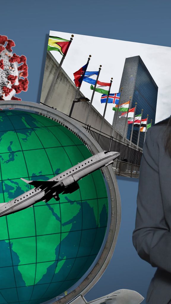 Image: Collage of various images related to the challenges of tackling future pandemics. Collage features a snap of Nahid Bhadelia talking, an image of Earth, a plane, a Coronavirus, and the UN building.