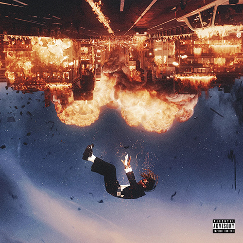 Image: A man is shown falling from a town that is shown in the middle of exploding.