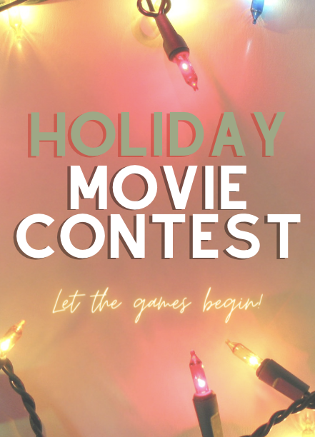 This is a screenshot from boston university's instagram story. The image was made on canva, using a stock photo of a string of holiday lights. In the middle of the photo, there is green and white text that reads "Holiday Movie Contest."