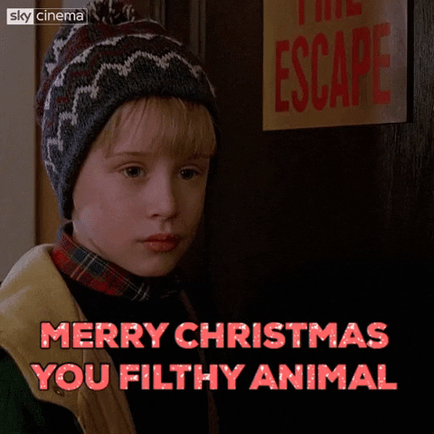 Movie gif. Kevin Mcallister has a snarl on his face in the movie Home Alone while he's saying "Merry Christmas You Filthy Animal"