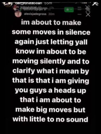 This is a screenshot from an Instagram story of text repeating the phrase "I'm moving in silence in many different ways."