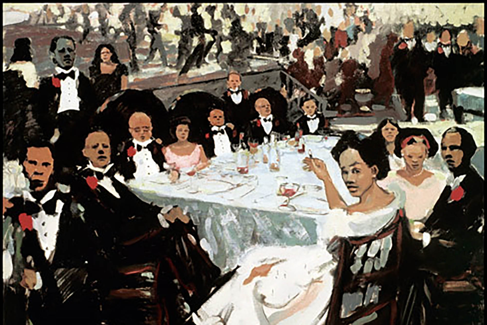 Image: On loan to the State House, the 4-by-7-foot “Black Tie has been in the Art of the Americas permanent collection at the Museum of Fine Arts, Boston, since 2010. The painting features a table full of Black individuals as they sit in their fine dress, breaking the fourth wall. The oil painting has deep tones and soft features.