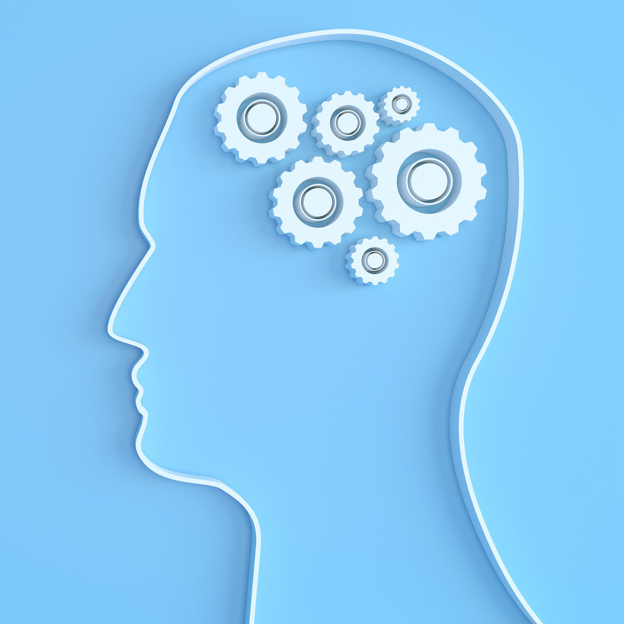 An illustration of a head with gears inside of it turning like a brain working