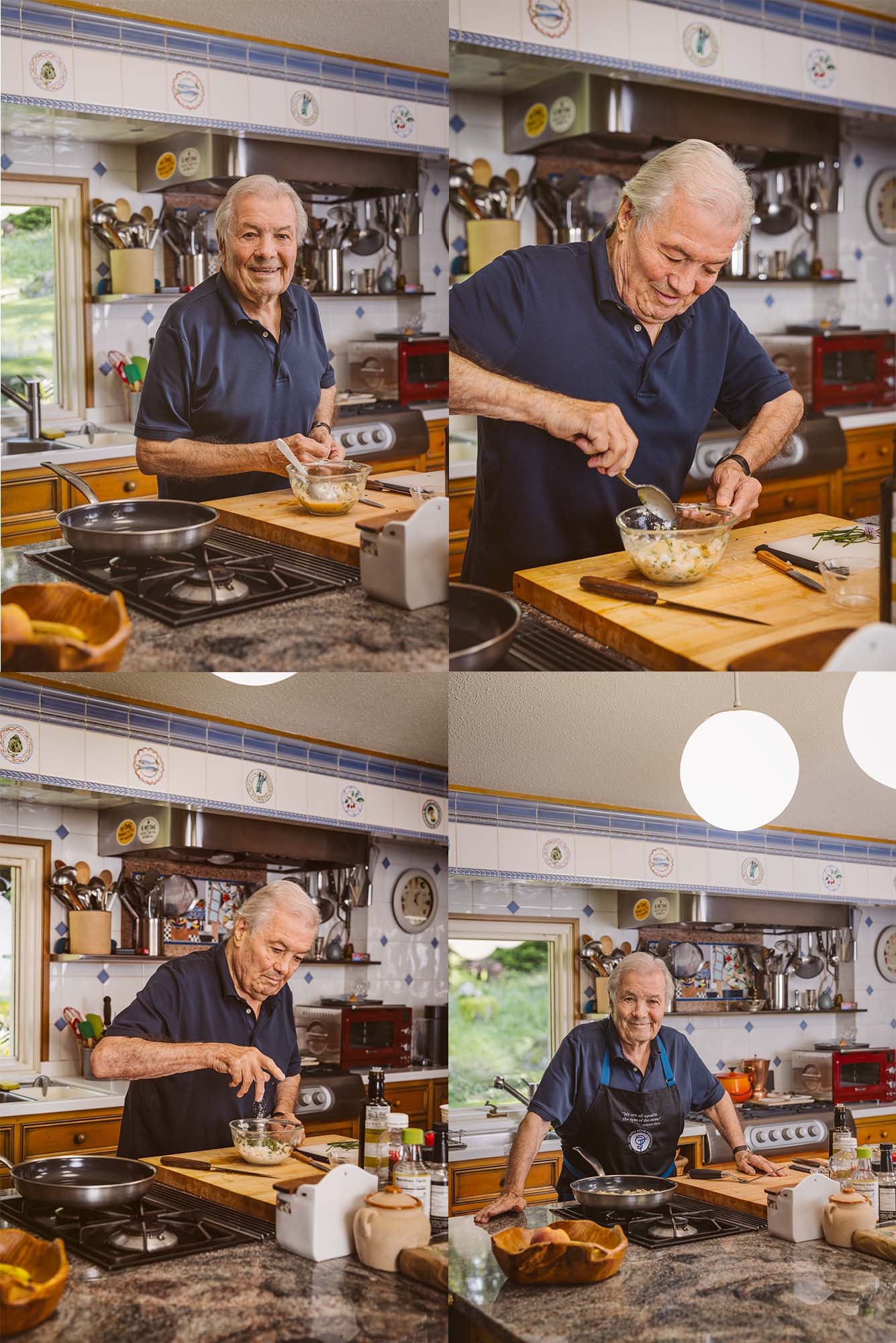 Photo: A composite image of four different photos of Jacques Pepin whipping up some pancakes. He wears a navy polo shirt in his kitchen. From left to right, he smiles for the photo, he stirs a mixture in a bowl, Pepin throws a dash of an ingredients in the bowl, and lastly, Pepin poses for the camera with his apron, while the food cooks on the pan.