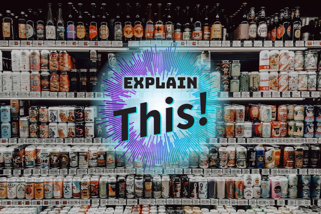 Photo: The alcohol aisle in a supermarket, with blue and black text overlay reading "解释这个!"