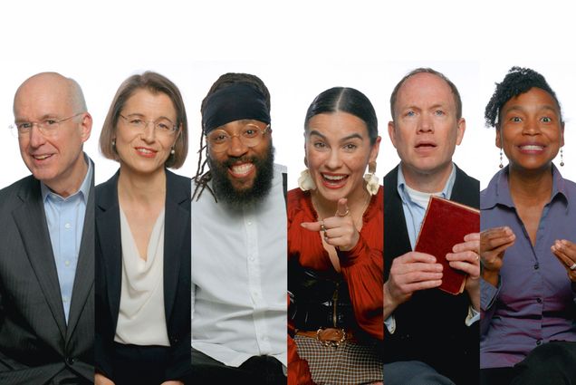 Composite image of multiple people of varying ethnicities, gender, and style of dress, giving advice to graduating seniors. The people can be seen speaking in each photo.