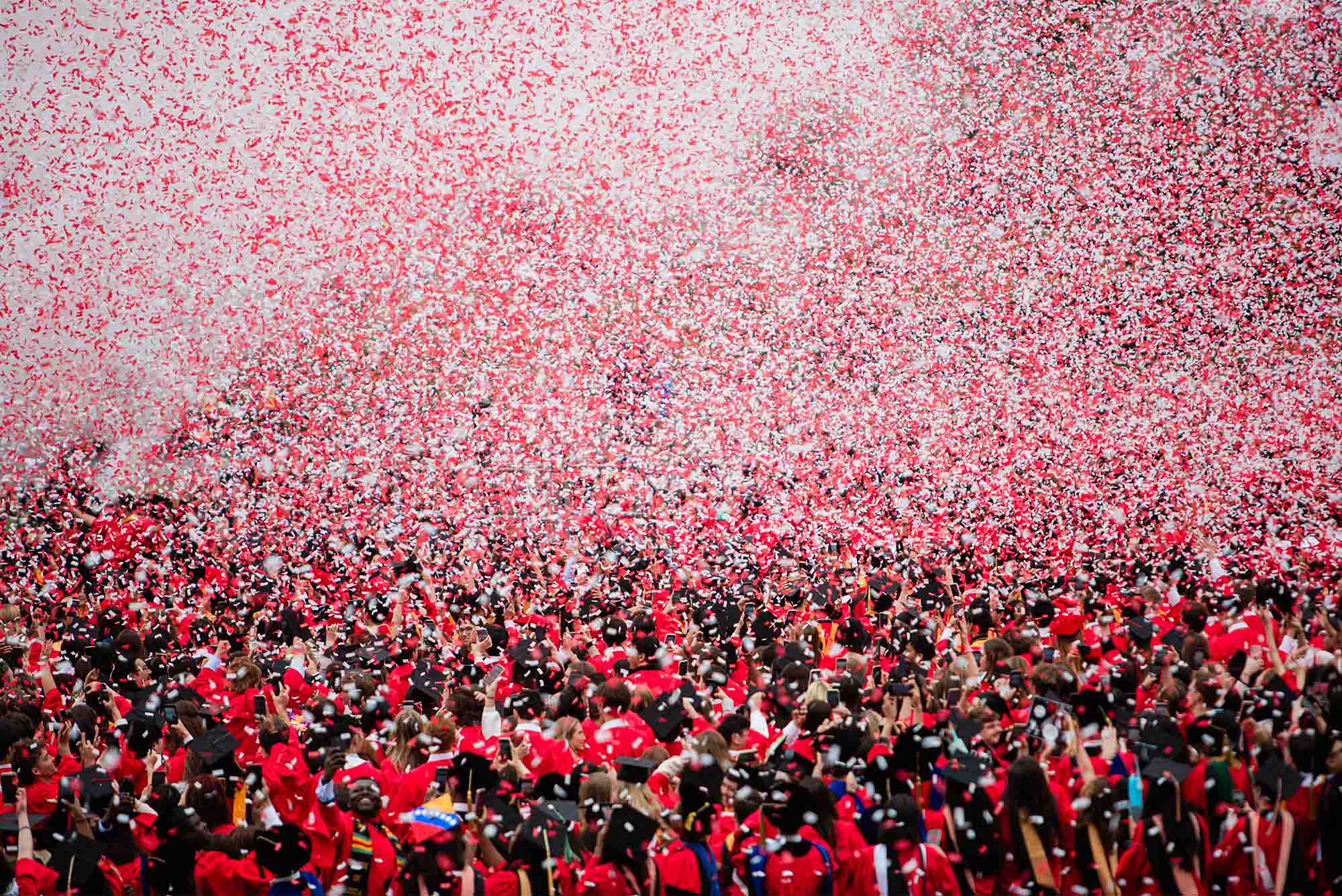 Photo: a field full of Boston University graduates wearing red gowns and black caps, with confetti falling all around