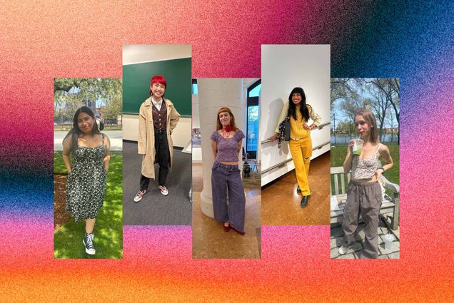 Photo: A collage of five images, each image a photo of a BU student posing to show off their outfits. The background is a multi-colored mesh of bright pinks, oranges, and blues with an added grainy overlay.