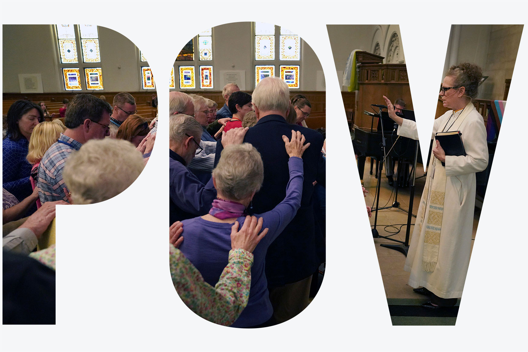 Photo: A church full of people during a busy sunday worship at a methodist service. Text overlay reads "POV"