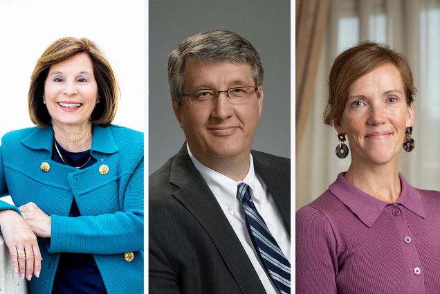 Photo: Composite image of an older white woman in a vibrant blue suit, a middle aged man in a black suit and tie, and a younger woman wearing a gray shirt and fancy earrings. All three are posing for formal headshot portraits