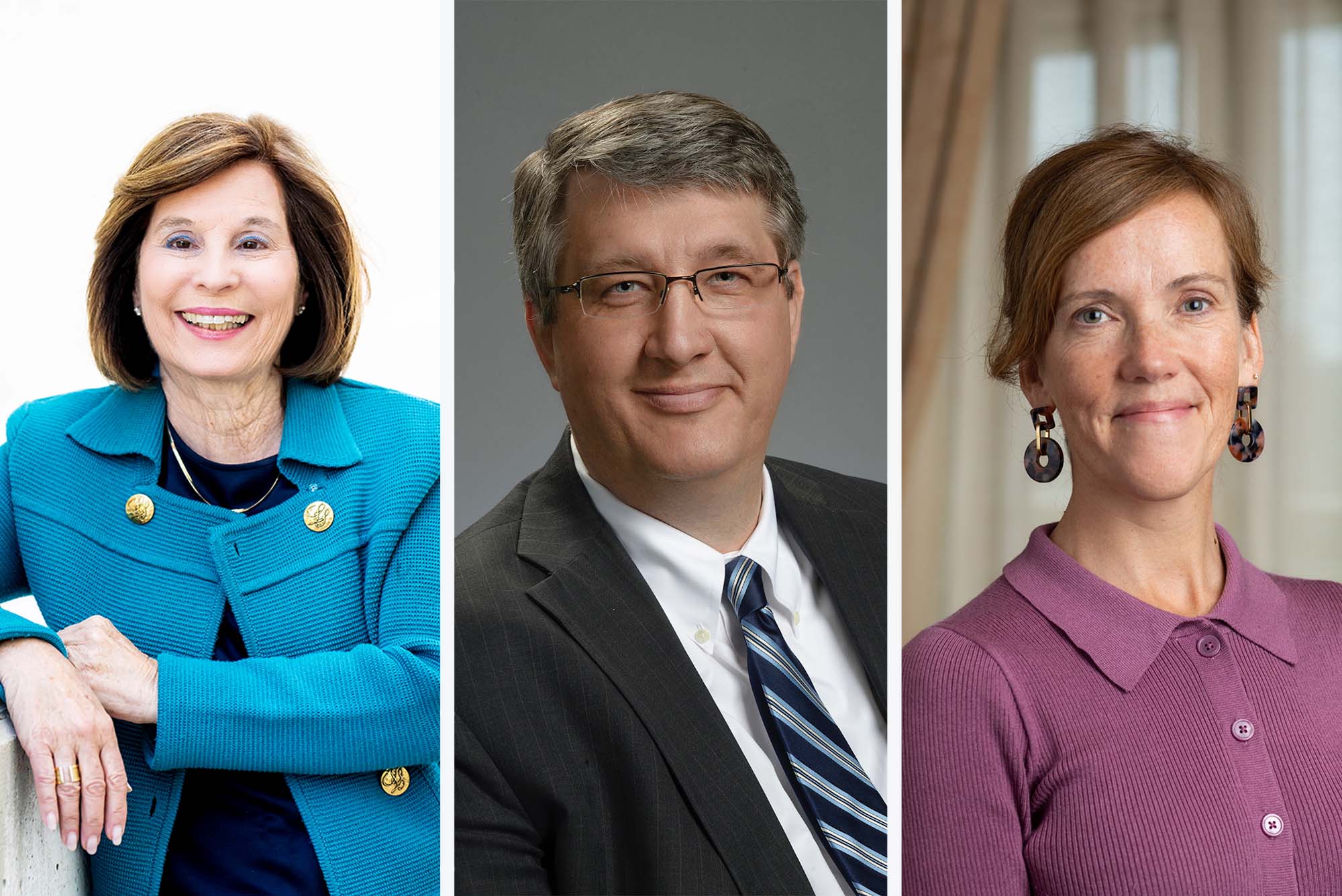 Photo: Composite image of an older white woman in a vibrant blue suit, a middle aged man in a black suit and tie, and a younger woman wearing a gray shirt and fancy earrings. All three are posing for formal headshot portraits