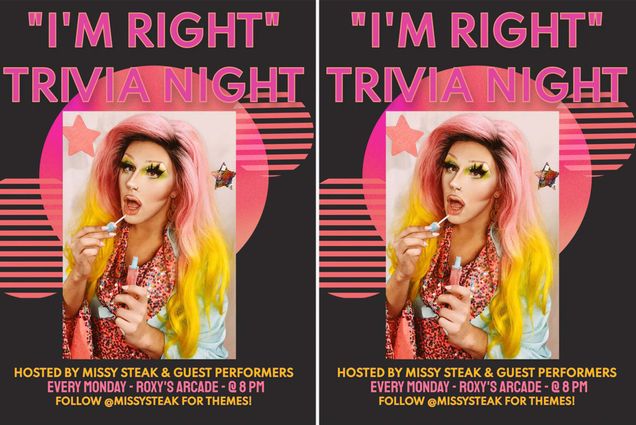 Image: A composite image of an advertised poster for a drag trivia night at Roxy's Arcade. A Drag performer poses ontop of a black background with bright neon lettering and shapes.
