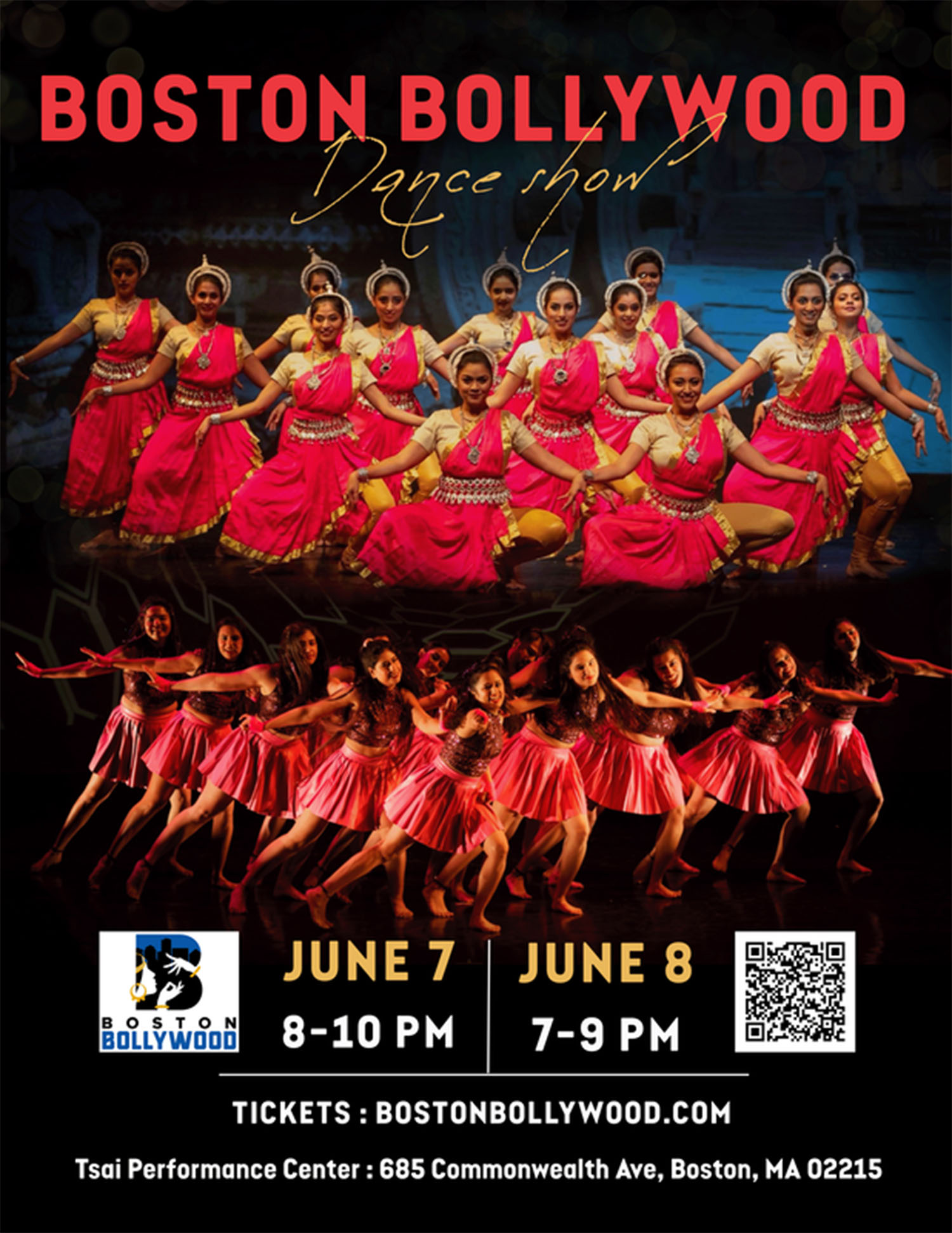 Photo: A row of bollywood dancers in bright red outfits dancing at a recent show. Text overlay reads "Boston Bollywood Dance Show. June 7, 8-10pm and June 8th 7-9pm. Tickets at BostonBollywood.com"