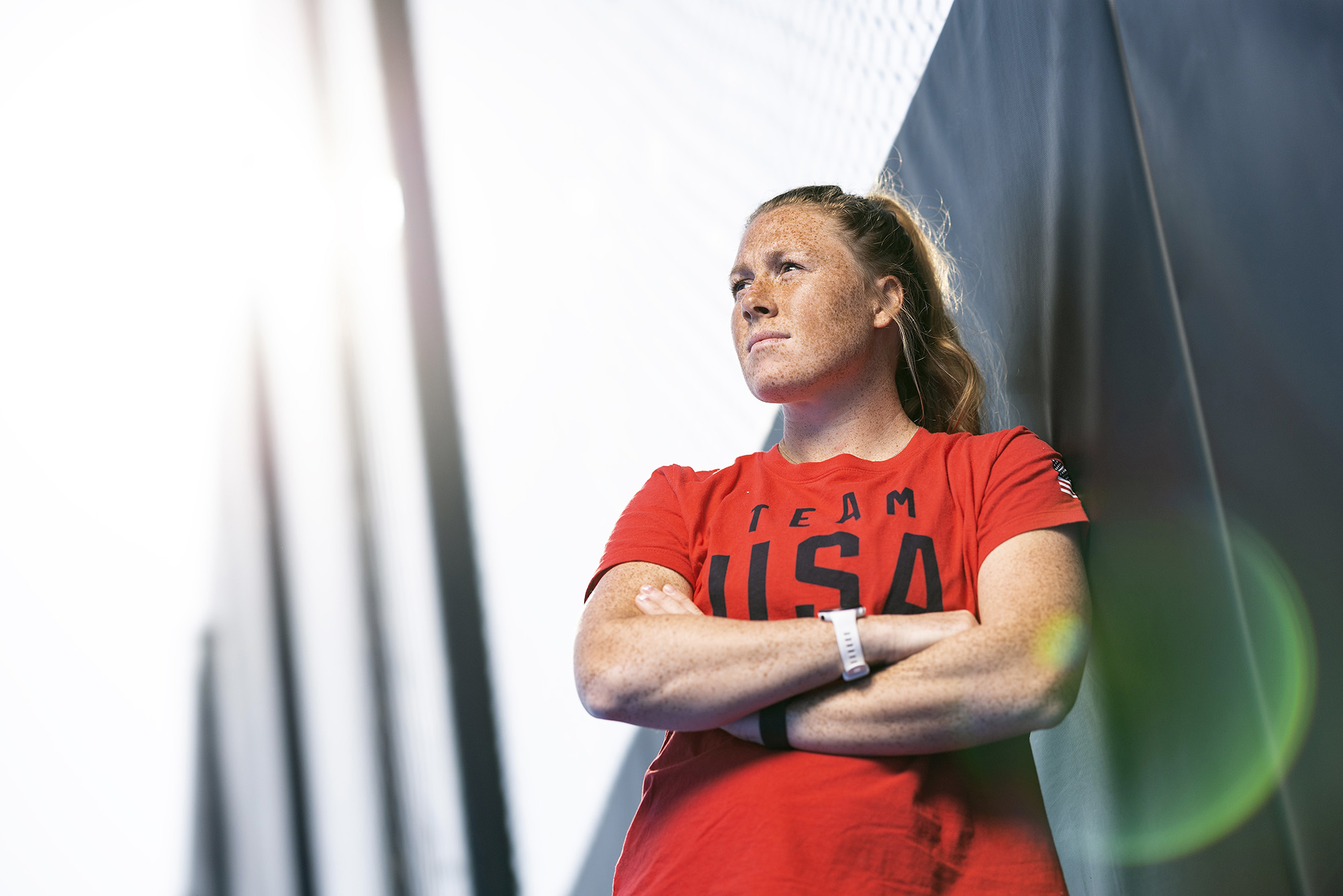 Photo: Ally Hammel, a white woman with a red tshirt, poses for a photo prior to the match against Argentina at the University of North Carolina