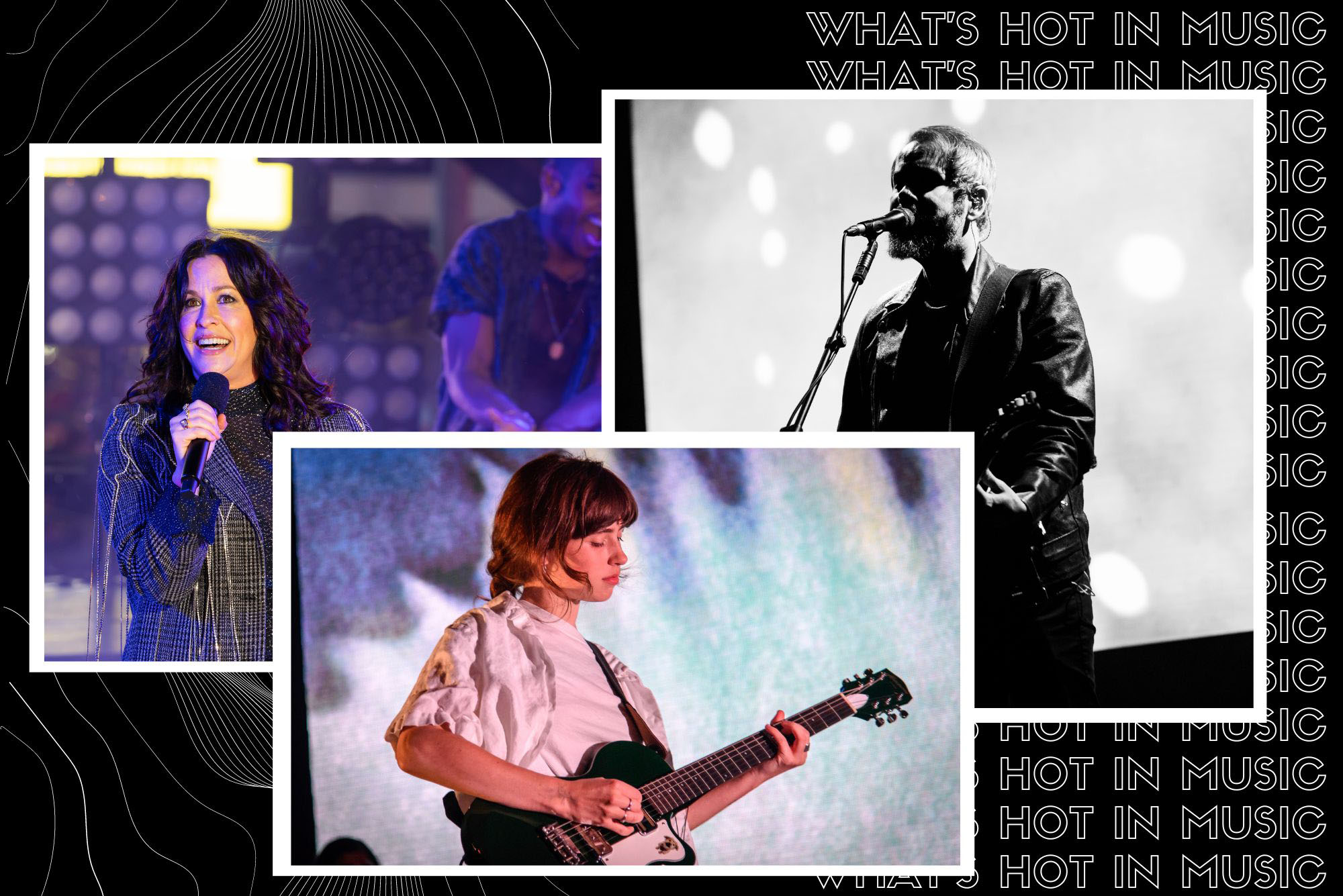 Photo: A composite image of Alanis Morisette, Clairo, and Cigarettes after Sex. The background of the image has the text "What's Hot in Music"
