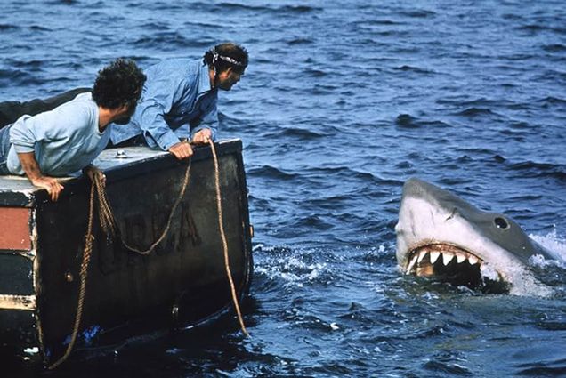 Photo: A still from the movie "Jaws" where two men are peering out from a boat and see a great white shark