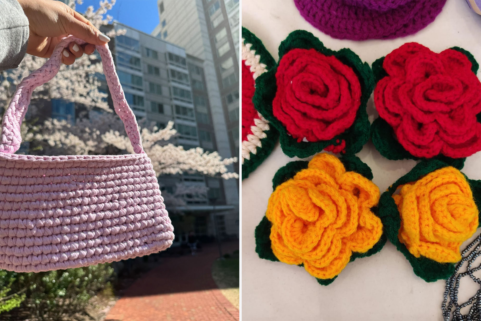 Photo: A composite image of two iPhone photos of crotchet pieces. On the left, a pink crochet purse. On the right, crochet roses.