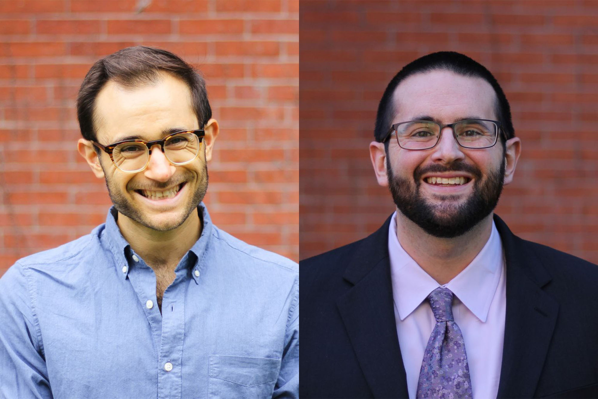 Photo: Two white men wearing glasses, one with a collared shirt and the other in a suit and tie, pose for formal headshot portraits