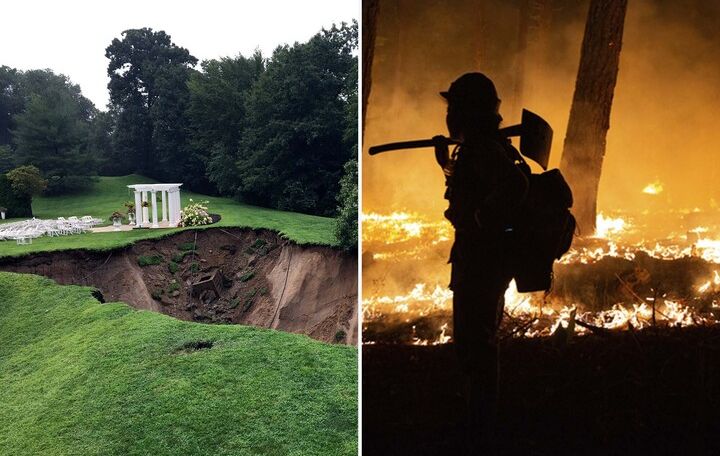 Photo: A composite image of the scene of a wildfire raging in California next to a photo from the aftermath of a flood in Connecticut.
