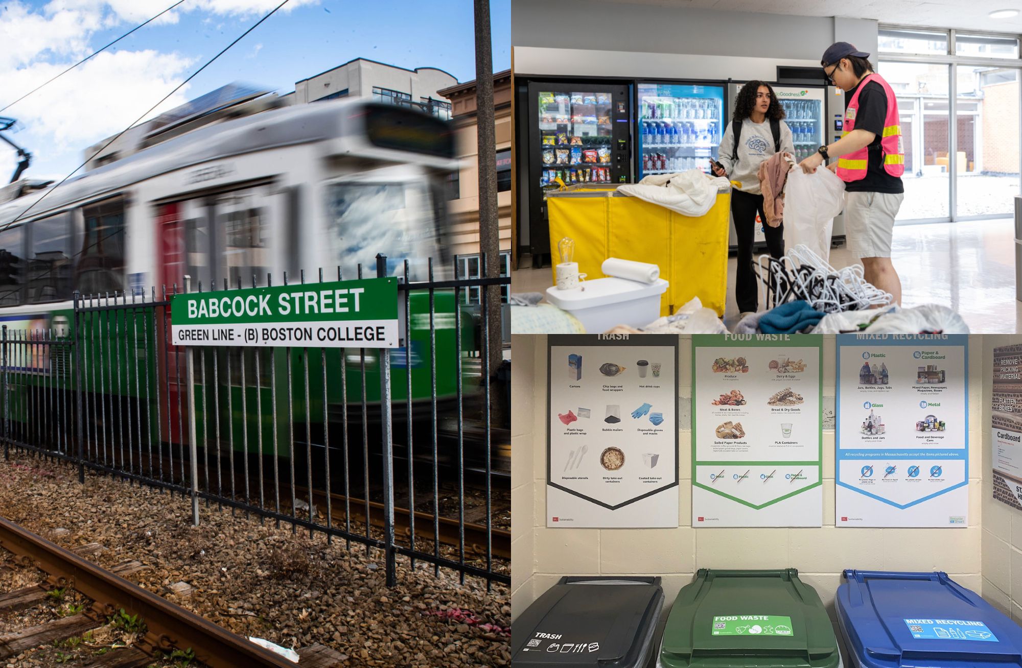 Photo: A collage of three images depicting various urban scenes. The top left image shows a moving tram with ‘Babcock Street Green Line B Boston College’ sign in the foreground, indicating a tram stop. The top right image displays two individuals wearing masks inside a store, one behind a counter with snacks and beverages, and the other wearing a high-visibility vest. The bottom left image features a table covered with white cloth displaying food containers and disposable utensils, suggesting an event or gathering. The bottom right image presents recycling bins labeled ‘Paper,’ ‘Cans & Bottles,’ and ‘Trash’ next to an informational poster about waste sorting.
