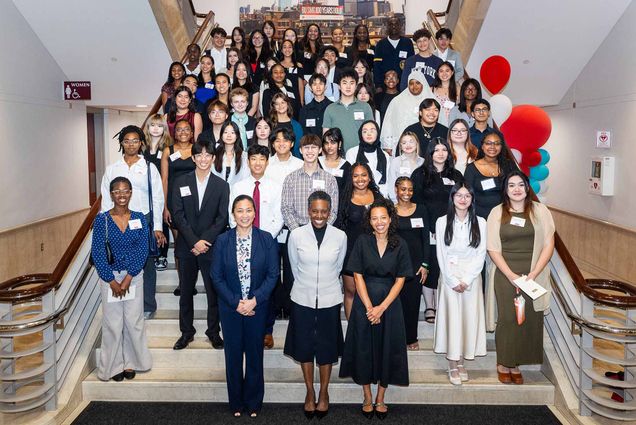 Photo: This year’s class of Boston Public Schools students earning Thomas M. Menino Scholarships and Community Service Award winners at a reception in the lobby of the Questrom School of Business