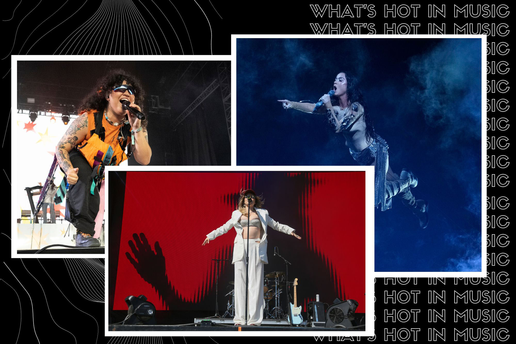 Photo: A composite image of three musicians — Remi Wolf, Suki Waterhouse, and Katy Perry — with text saying "What's Hot in Music" in the background