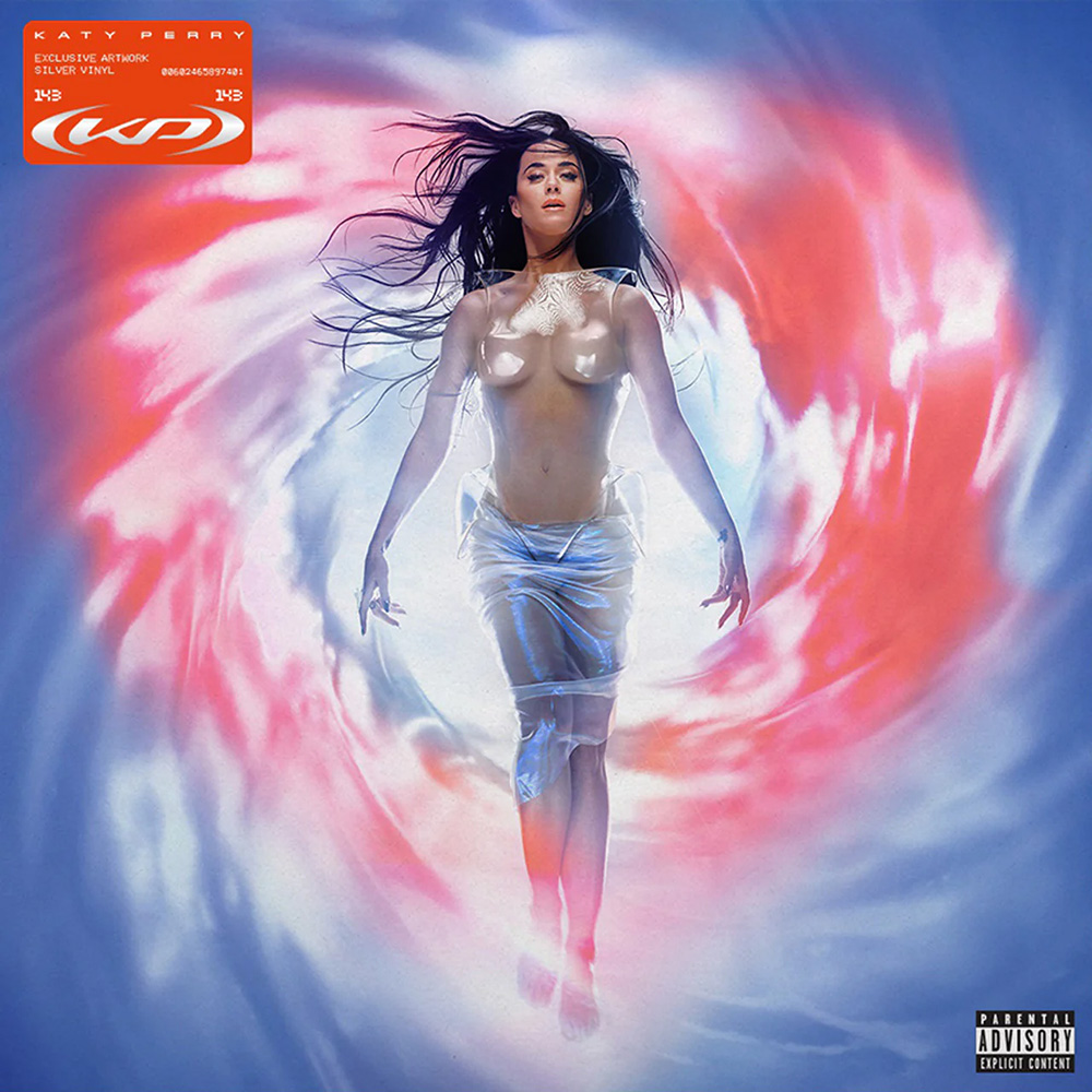 Photo: Album cover for "143" by Katy Perry. It features her floating in an orb of red and blue light while wearing a sheer bra and skirt