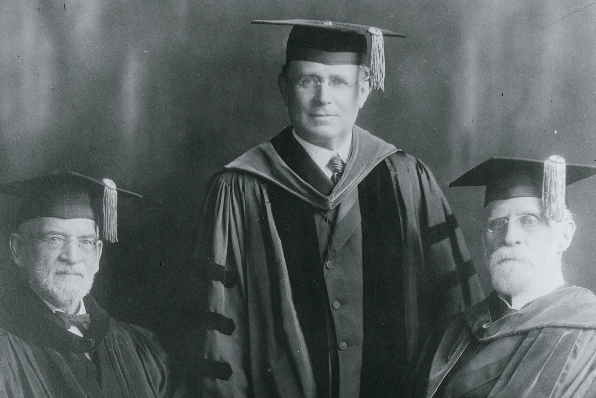 Former BU Presidents William F. Warren (1873-1903) (left), Lemuel Herbert Merlin (1911-1924), and William Edwards Huntington (1904-1911) in 1918