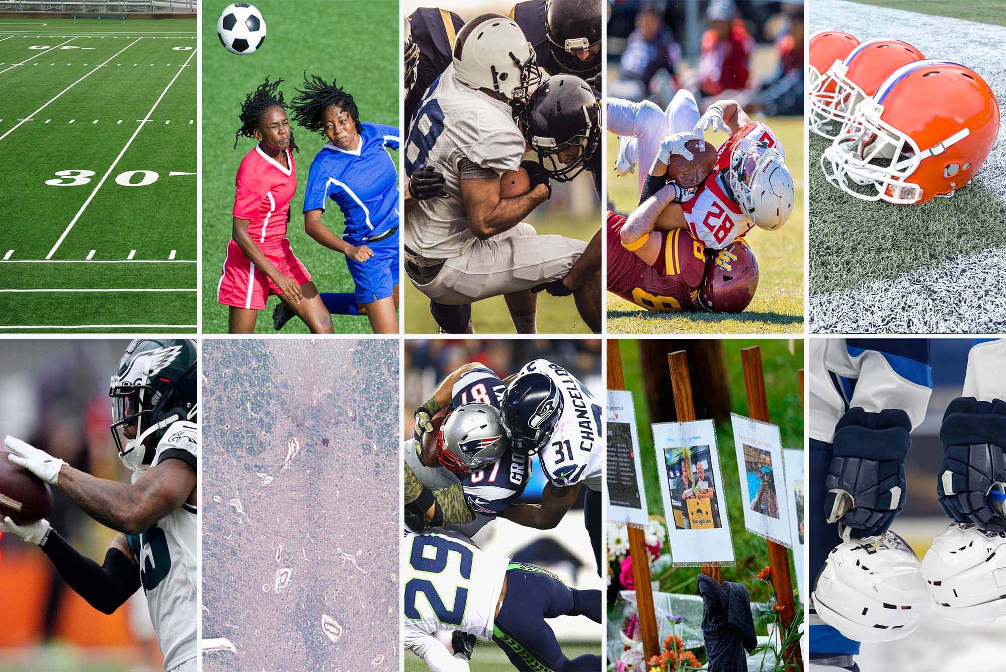 Photo: A collage of ten stock images. From top left, a football field, two soccer players almost colliding head-on, football players tackling one another, and orange football helmets lined in a row on a field.