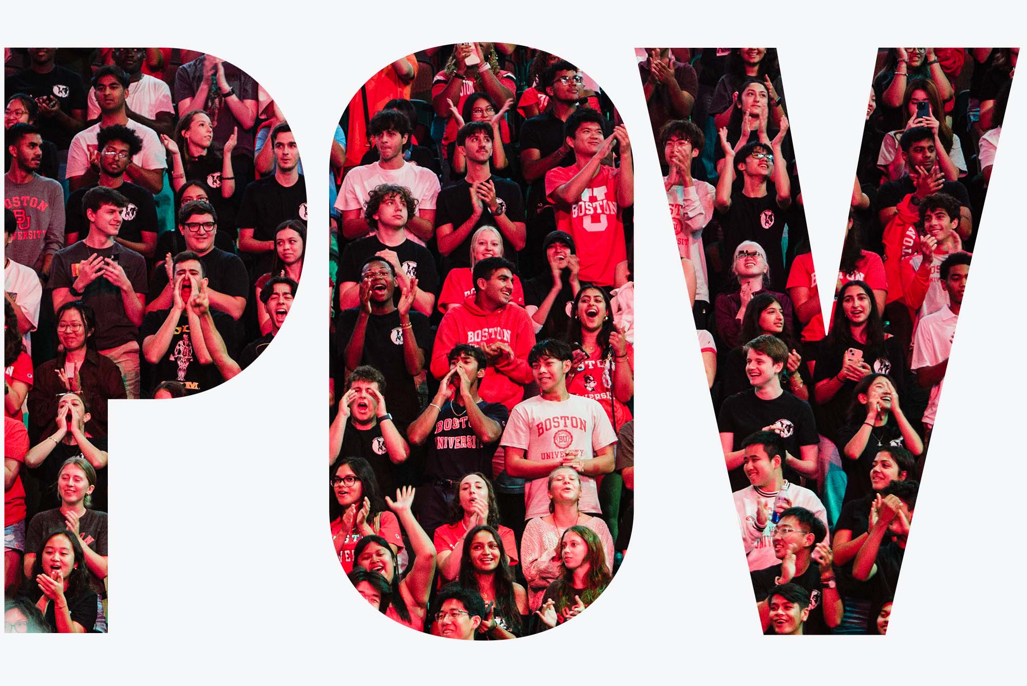 Photo: A sea of college students wearing red Boston University gear at Matriculation 2024. The letters POV are overlaid on top of the image