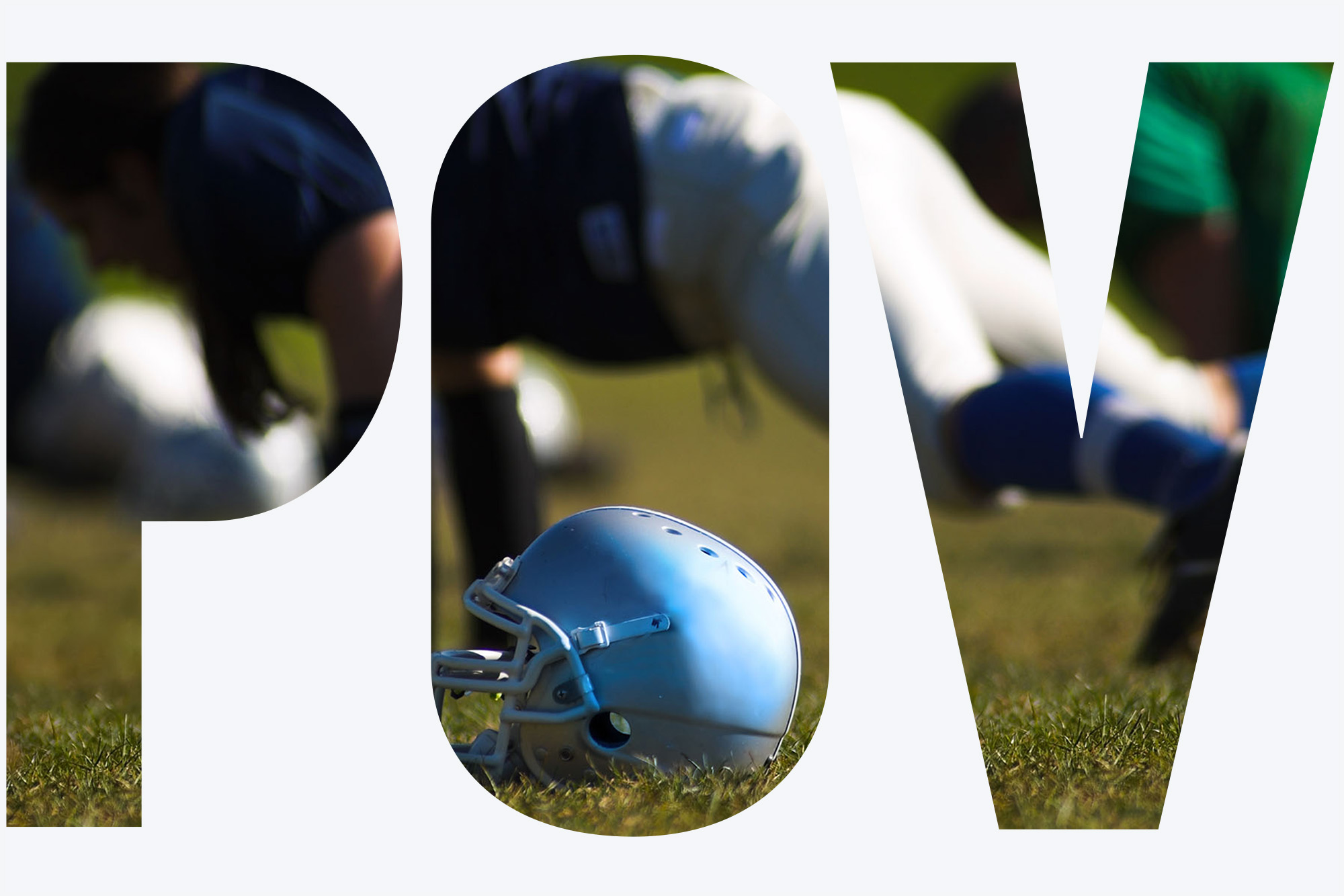 Photo: A football player does a push up on grass next to his helmet. Overlay has the letters "POV"