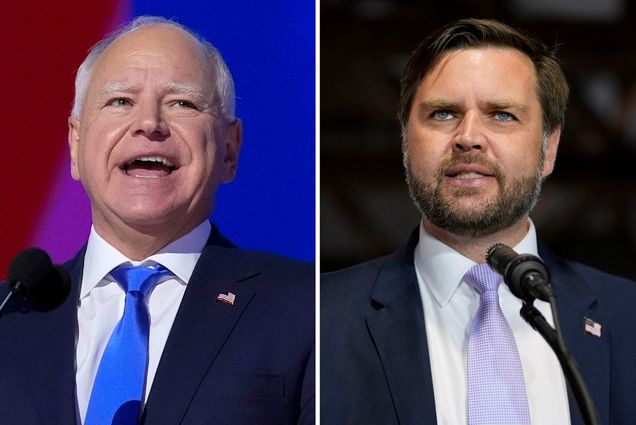 This combination of photos shows Democratic vice presidential candidate Minnesota Gov. Tim Walz, left, at the DNC on Aug. 21, 2024, in Chicago, and Republican vice presidential nominee Sen. JD Vance, R-Ohio, on Sept. 25, 2024, in Traverse City, Mich.
