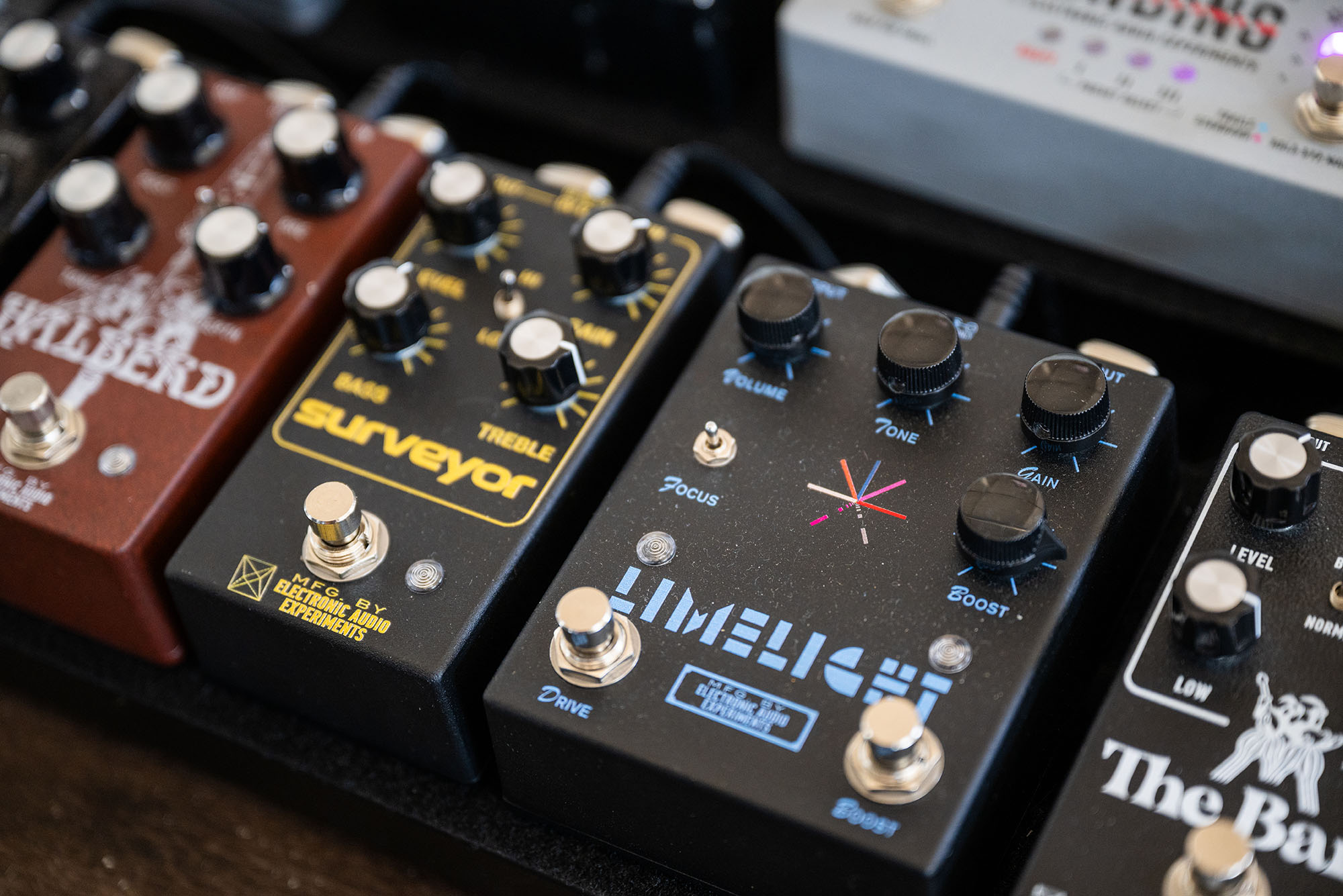 Photo: A picture of a row of guitar pedals