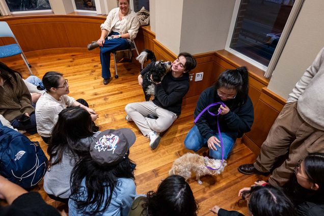 Photo: A group of students sit around waiting patiently to pet a service dog.