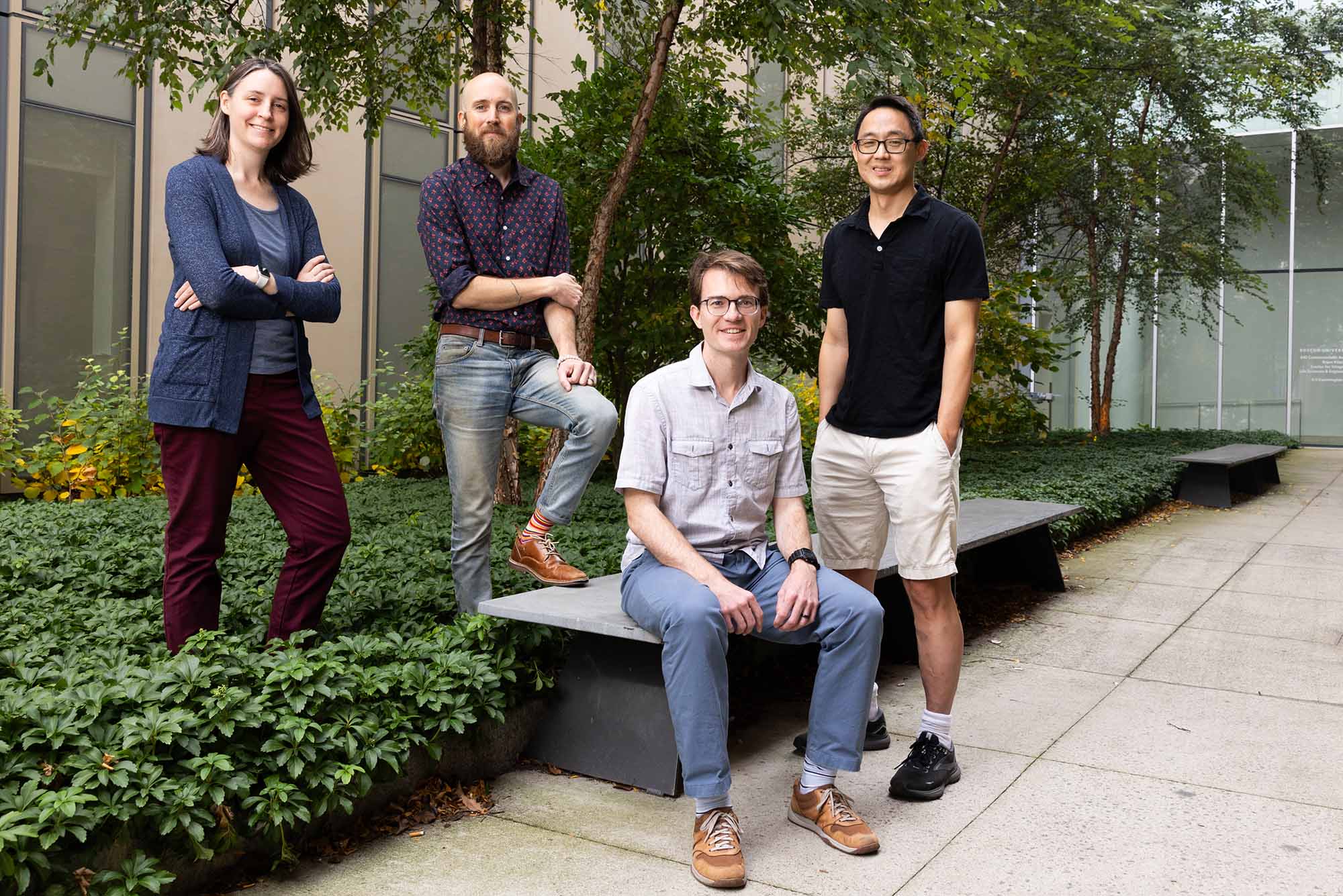 The BU award winning science team from (l-r) Mary Dunlop, Douglas Holmes, Joseph Larkin, and Harold Park are proposing to understand Mobile Genetic Elements and how microbes exchange genetic DNA
